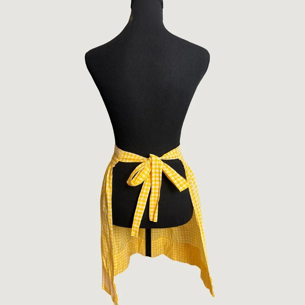 Vintage Yellow Gingham Half Apron White Chicken Scratch Embroidery Pocket Tie